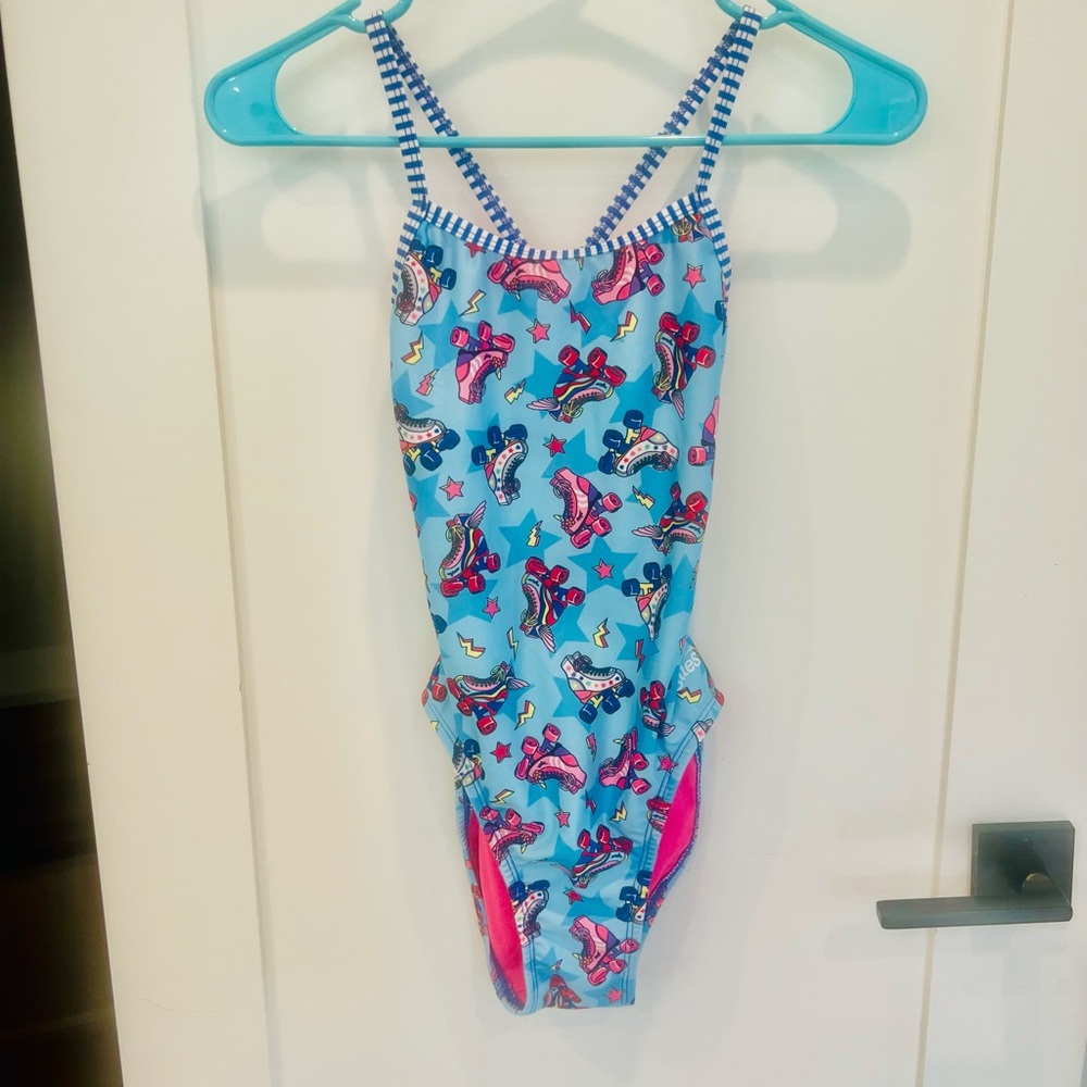 Dolfin Light Blue Roller Skate Print Kids One-Piece Swimsuit